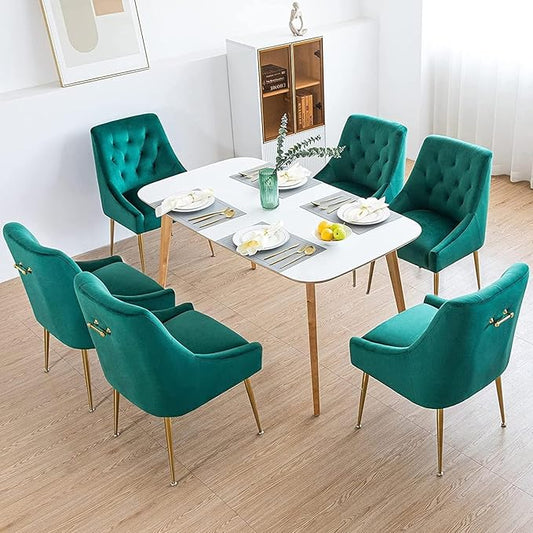Modern Dining Chairs Set of 6, Mid Century Velvet Upholstered Chairs with 5.12' Cushions, Golden Legs and Back Pull Rod, for Kitchen, Living Room (Green)
