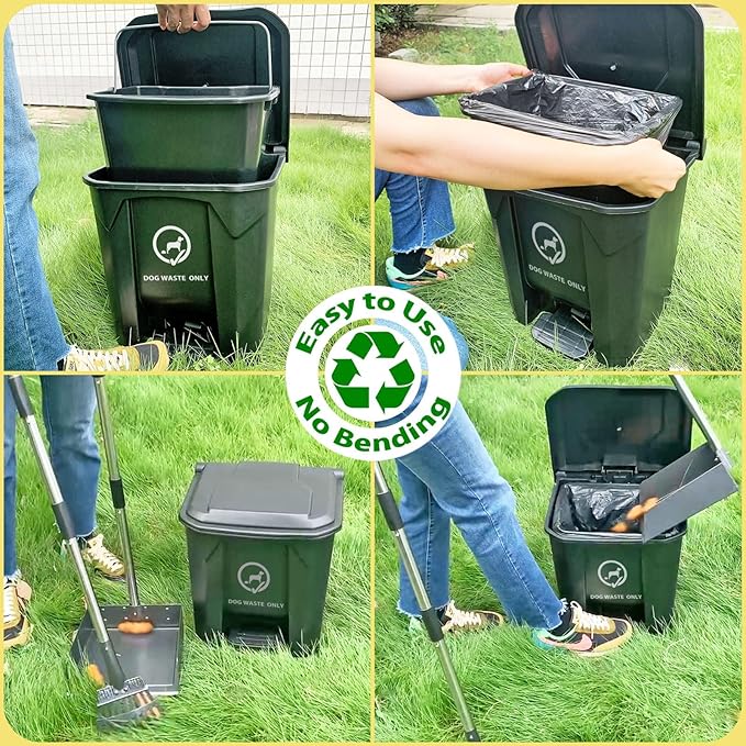 Dog Poop Trash Can for Outdoors with Pooper Scooper, 20L/5.2 Gal Large Capacity Dog Waste Trash Can with Lid, Pedal and Removable Inner, Pet Waste Disposal Station Odor Control Outside