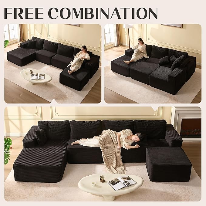 138" Boneless Couch with Deep Seat, Modular Sectional Sofa, Cloud Sectional Couch for Living Room, No Assembly Required, Corduroy, U-Shape 4 Seater Left, Black