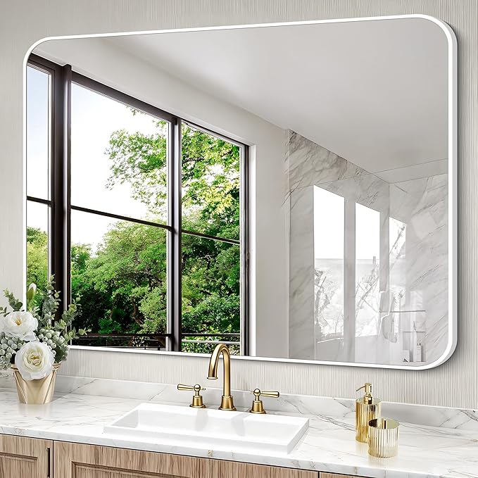 BONEWEI White Bathroom Mirror,36x48 inch Wall Mirror for Bathroom Wall Mounted,Rectangle Mirror for Bathroom Over Sink,Modern Frame Round Corner for Living Room,Bedroom Entryway,Horizontal/Vertical