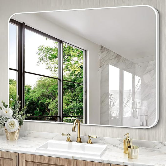 BONEWEI White Bathroom Mirror,36x48 inch Wall Mirror for Bathroom Wall Mounted,Rectangle Mirror for Bathroom Over Sink,Modern Frame Round Corner for Living Room,Bedroom Entryway,Horizontal/Vertical