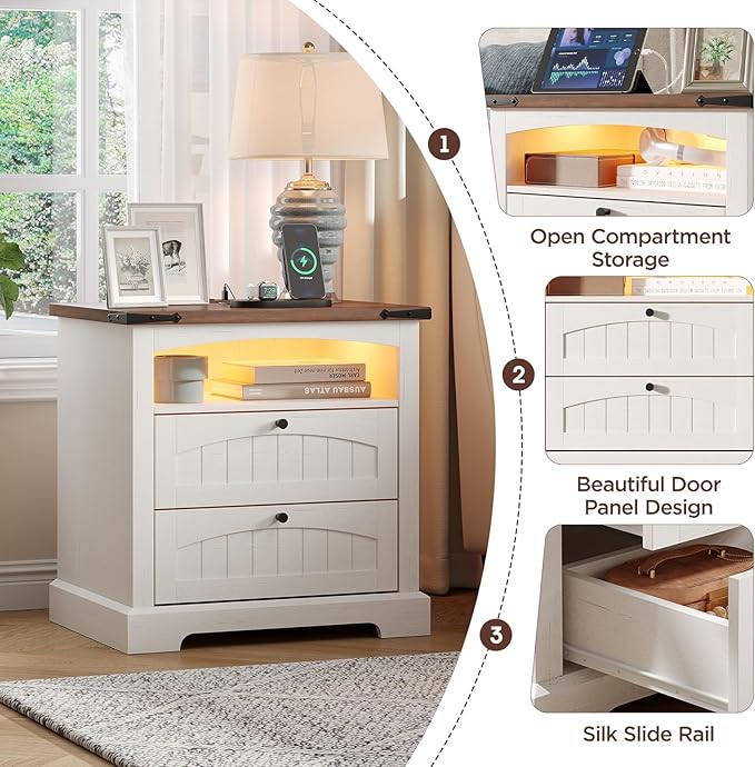 Vabches Nightstand with Charging Station, Vintage End Table with 2 Drawers, Wood Rustic Sofa Side Table with Open Storage Shelf for Bedroom, Living Room