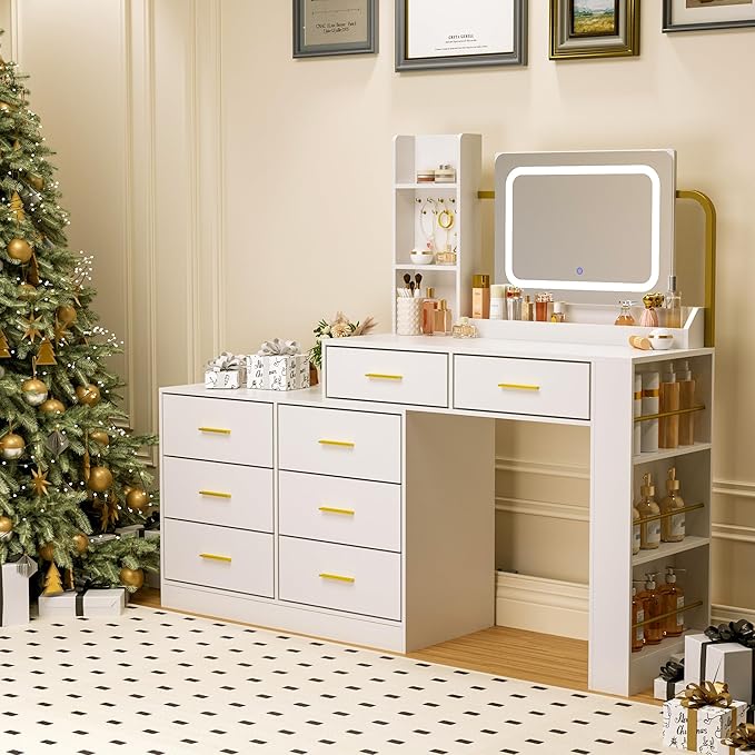 Pamapic 67" Vanity Desk with Mirror and Lights, Golden Handles 15 Storage Dresser with Mirror, 8 Drawers Makeup Vanity with Upgraded Silent Slides, Adjustable Width Corner Vanity Gift