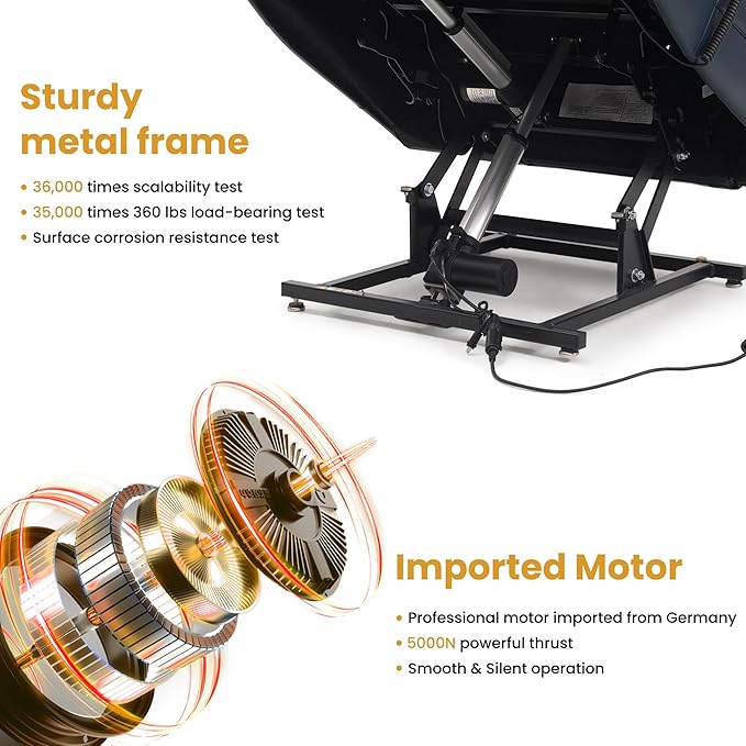 PARKOL Dual Motor Power Lift Recliner Chair for Elderly, 180-Degree Infinite Position Lay Flat Leather Recliner Chairs, with Massage and Heating, USB & Type-C Port and Remote (Dark Blue, Medium)