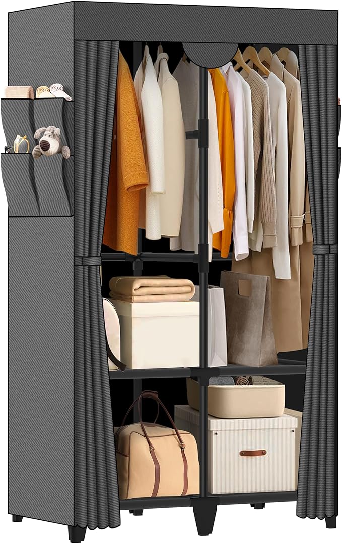 Wardrobe Closet, Quick and Easy Assembly, Gray Portable Closet with 2 Hanging Rods 4 Storage Shelves and Side 8 Pockets, Sturdy and Stable Clothes Rack with Cover, for Bedroom and Dormitory
