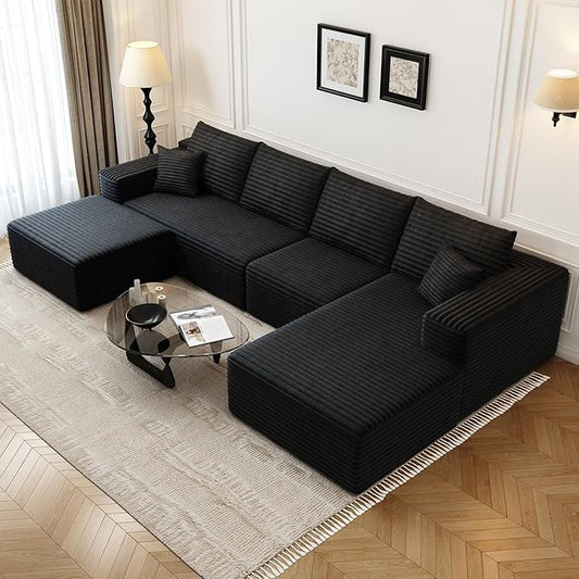 135.4"Cloud Modular Sectional Couch with 1 Ottoman,Modern Minimalist Upholstered Couches, Comfort U Shaped Sofa for Living Room,Deep Seat Corner Couch，No Assembly Required (Black,Right Facing Chaise)