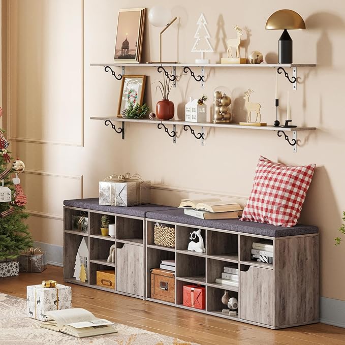 DINZI LVJ Long Wall Shelves, 39.4" Large Floating Shelves Set of 2, Farmhouse Display Shelf Wall Mounted with Heavy Duty Brackets, Easy Assembly for Kitchen, Bathroom, Bedroom, Balcony, Greige