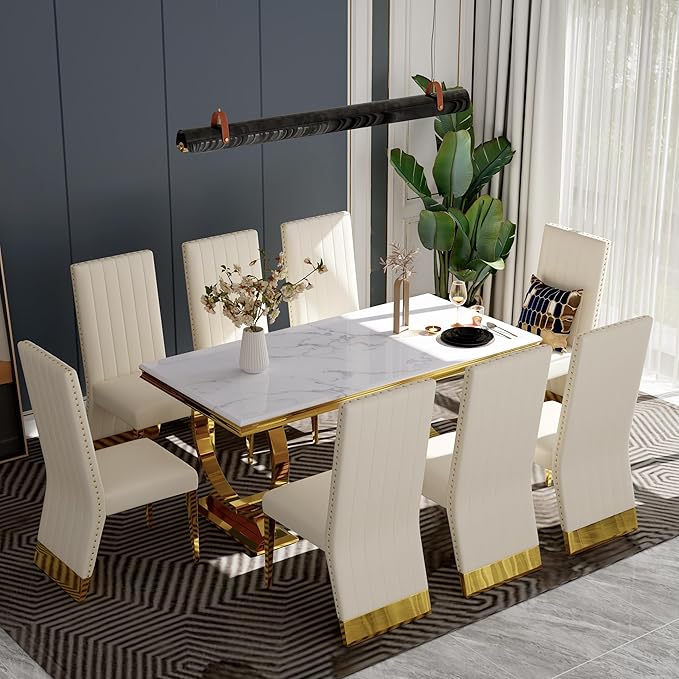 Dining Chairs, White Faux Leather Upholstered Dining Chair with Nailhead Trims, Gold Dining Room Chairs Set of 8