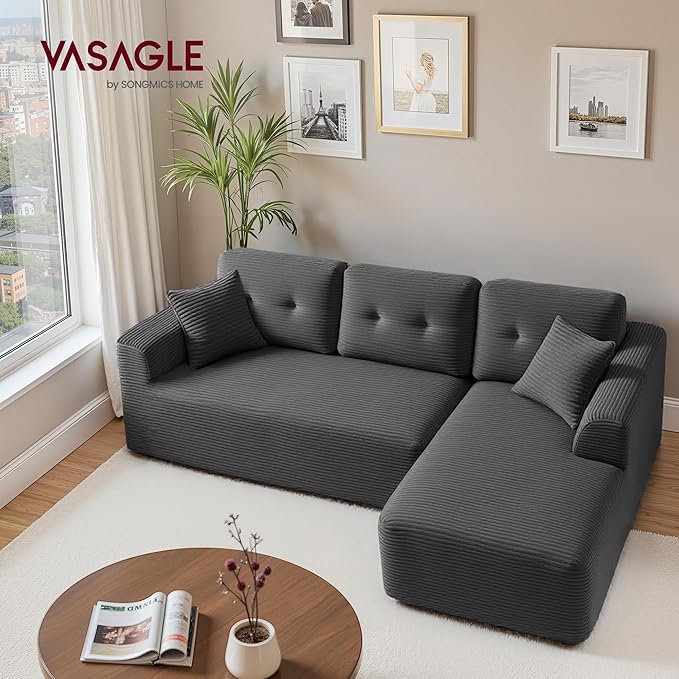 VASAGLE 108.3 Inches Boneless Couch with Chaise, Modular Sectional Sofa, Modern Cloud Couch with Deep Seat, L-Shape Corduroy Sofa for Living Room, Right-Facing Chaise, Bedroom, Slate Gray ULCS182GN01
