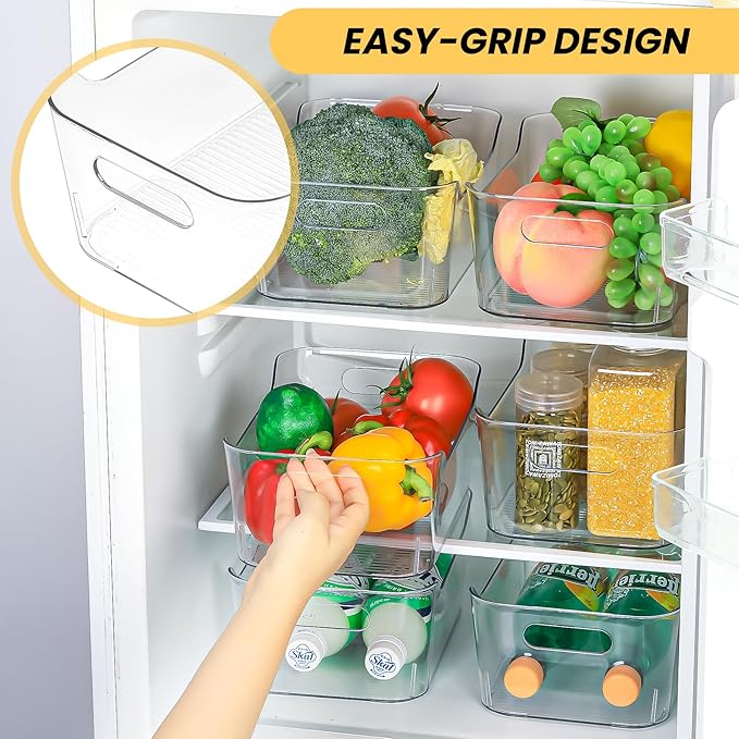 12 Pack Clear Plastic Storage Bins, Acrylic Organizer and Containers with Handle for Pantry, Cabinet, Closet, Refrigerator, Freezer, Bathroom, Kitchen Under Sink Storage