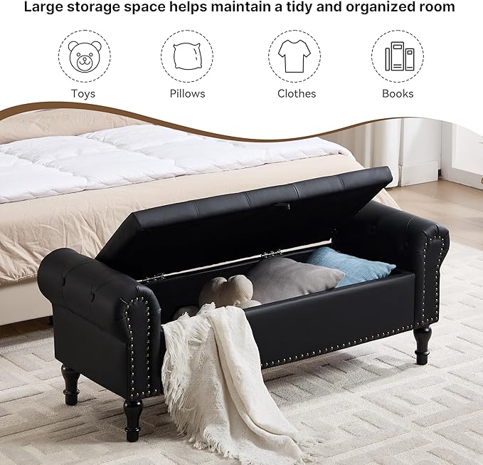 Storage Bench for Bedroom, 51" Upholstered End of Bed Bench, Faux Leather Queen Size Benches with Rolled Arms, Tufted Button Storage Long Ottoman, Living Room, Entryway, Black