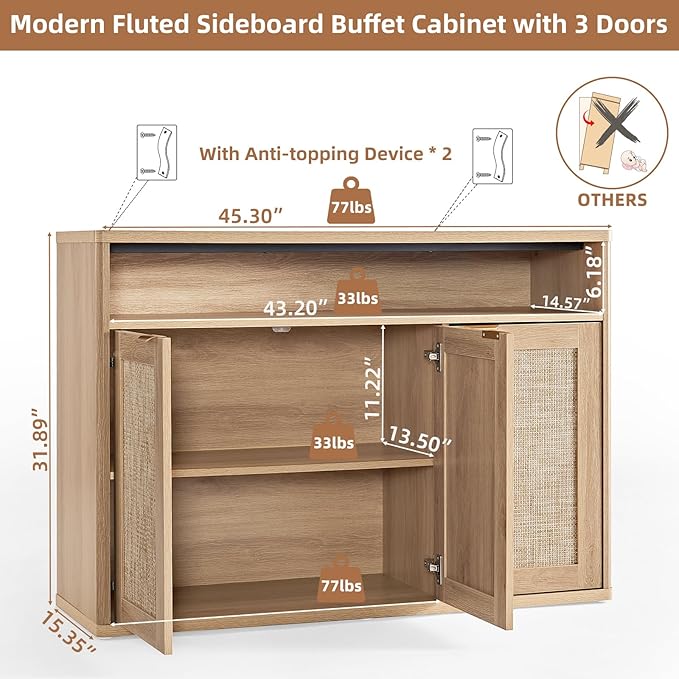 LEYAOYAO Rattan Sideboard Buffet Cabinet,45" Coffee Bar Cabinet with 3 Doors & Open Storage Shelf,Modern Credenza Console Table for Living Room Rattan Farmhouse entryway Natural