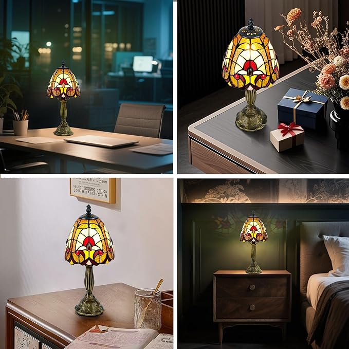 Exquisite Small Tiffany Style Lamp,Handcrafted Baroque Stained Glass Table Lamp with LED Bulb,6-Inch Vintage Tiffany Lamps for Bedroom, Living Room, Office Decor.