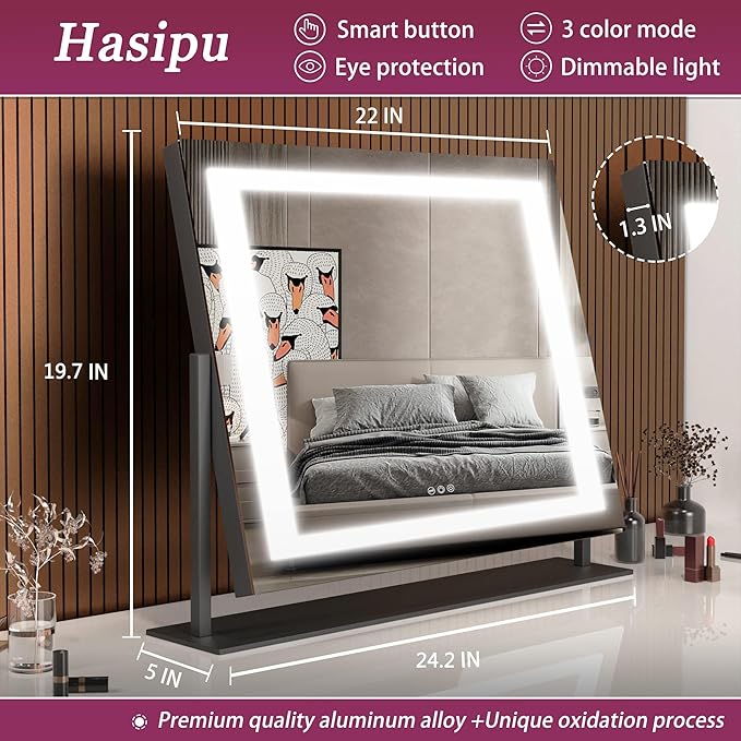 Hasipu Vanity Mirror with Lights, 24.2" x 19.7" LED Makeup Mirror, Light up Mirror with 10X Magnification and USB, Phone Holder, Smart Touch 3 Colors Dimmable, 360° Rotation (Right Angle Black)