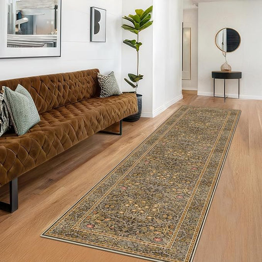 3x10 Long Runner Rugs for Hallway Non Slip, Geometric Floral Design Washable 10ft Oriental Rug for Entryway, Kitchen, Vintage Indoor Décor, Brown Low Pile Stain Resistant Carpet
