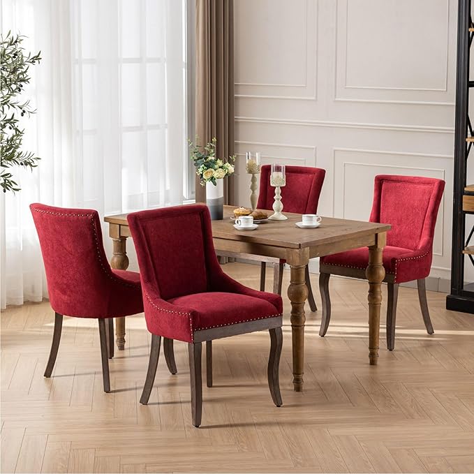 Farmhouse Dining Chairs Set of 2, Upholstered Fabric Dining Room Accent Chairs with Wood Legs & Bronze Nailhead, High Wingback Kitchen Chairs for Living Room Hotel Apartment, Burgundy