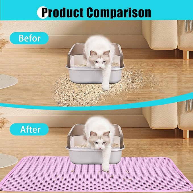 Cat Litter Mat, Kitty Litter Collector, Double Layered Honeycomb Design Waterproof, Anti Urine, Anti Slip, Easy to Clean, Limit Garbage (26"x46.5", Pink)