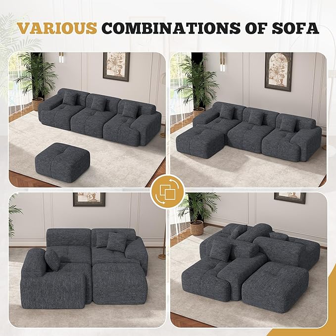 158" Modern U Shaped Modular Sectional Sofa, Boneless Couches for Living Room,6 Seater Convertible Chenille Cloud Couch Sofa Set, No Assembly Required, Grey-Black 1 PCS