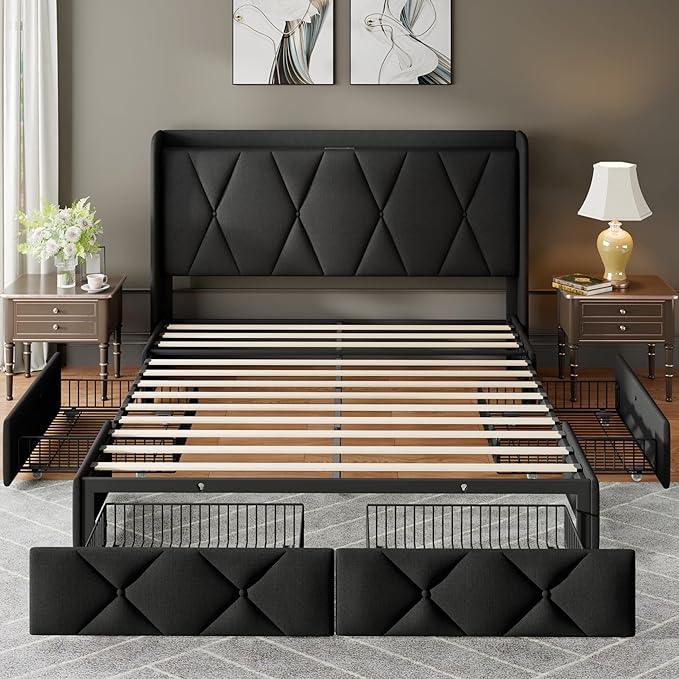 Feonase Queen Bed Frame with 4 Storage Drawers, Upholstered Platform Bed with Charging Station, Wingback Storage Headboard, Wooden Slats Support, No Box Spring Needed, Easy-Assembly, Black