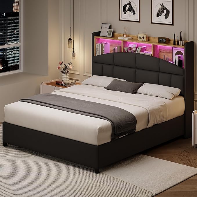 Queen Bed Frame with Headboard and LED Lights, Velvet Upholstered Bed Frame with Wooden Slats Support, No Box Spring Needed, No Noise, Black