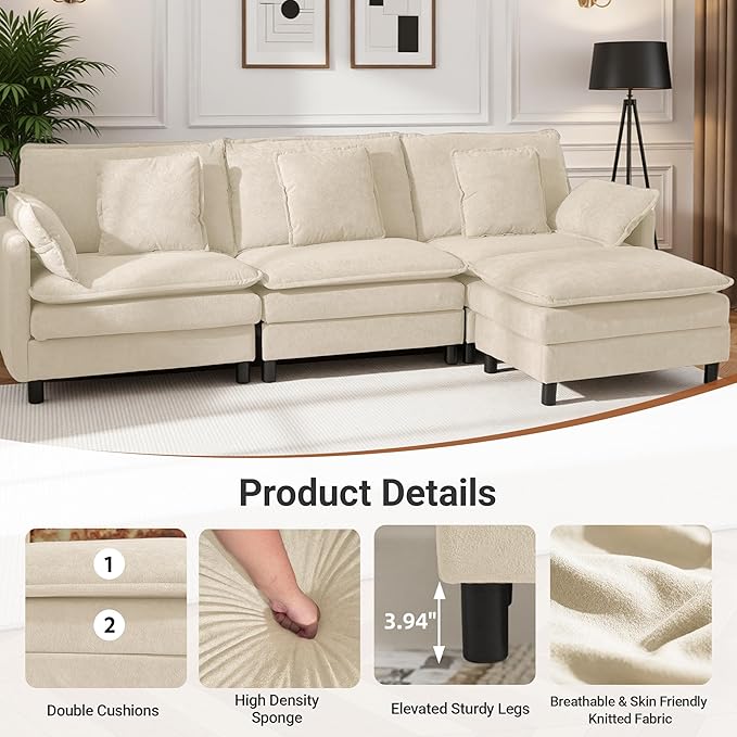Claiks 110" Modular Sectional Sofa, Cloud Couch with Ottoman, U-Shaped 5-Seater Sofa in Chenille Fabric, Deep Seat Comfy Couch with Pillows for Living Room & Offices, Beige