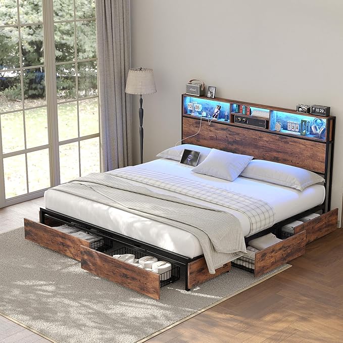 King Size Bed Frame with LED Headboard & Charging Ports, Rustic Wood Platform King Bed Frame with 6 Storage Drawers and Display Shelf, Heavy-Duty Metal Frame, No Box Spring Needed, Brown