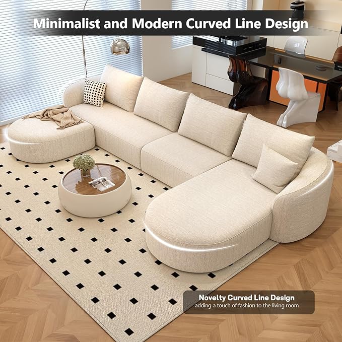 138.6" Modular Sectional Couches Luxury Modern Curved Back U-Shape Sofa Set with Ottoman,Minimalist Comfy Boneless Cloud Couch for Living Room Apartment,(Right Facing Chaise,White)
