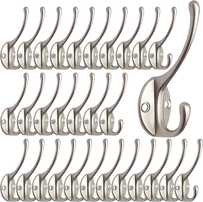 IBosins 30 Pack Heavy Duty Dual Coat Hooks Wall Mounted with 60 Screws Retro Double Hooks Utility Silvery Hooks for Coat, Scarf, Bag, Towel, Key, Cap, Cup, Hat