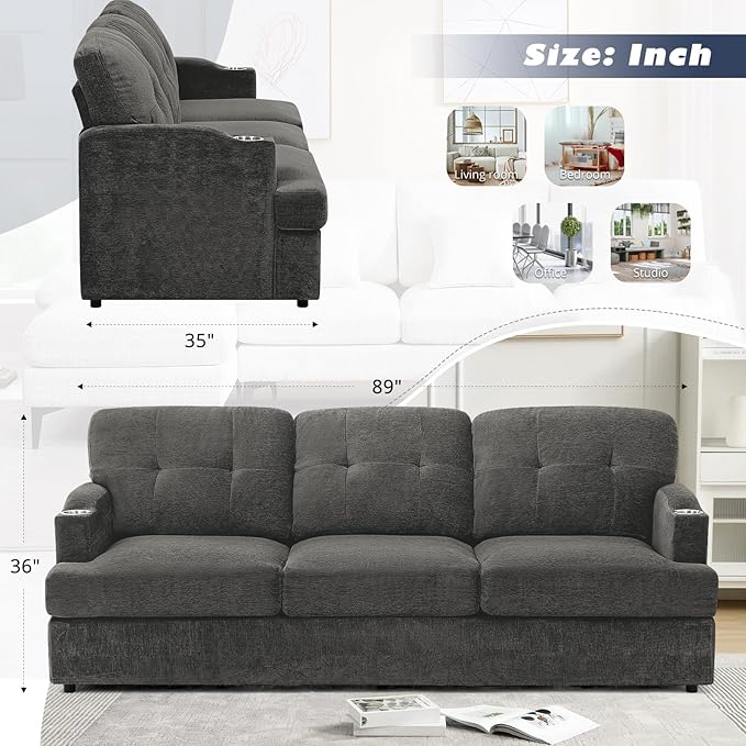 89" Chenille Modern Sofa with Cup Holder, Tufted Upholstered Couch with Thickened Cushions, Comfy 3 Seater Sofa with Deeper Seat for Living Room, Apartment, Grey