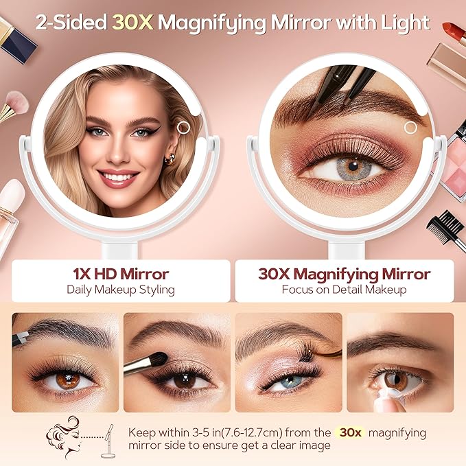 B Beauty Planet Makeup Mirror with Lights, Lighted Magnifying Mirror 30X with 3 Lighting and Adjustable Brightness, 2-Sided Height Adjustable Vanity Mirror for Bathroom, Gifts for Women White