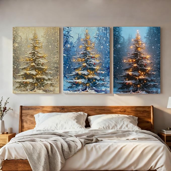 Framed Christmas Pictures Wall Decor,Vintage Pine Tree Prints,Winter Christmas Canvas Wall Art Decoration for Bedroom Bathroom Living Room Rustic Xmas Holiday Gifts (Christmas Tree 3, 24'' X 36'')