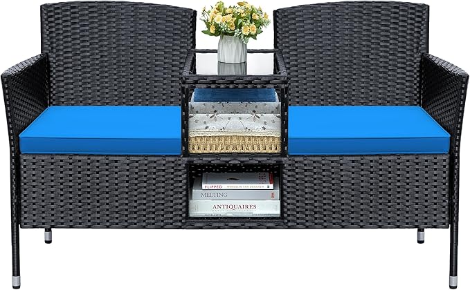 Greesum Patio Loveseat Outdoor Wicker Furniture Conversation Set with Soft Cushions & Built-in Coffee Table for Lawn Garden Backyard, Blue
