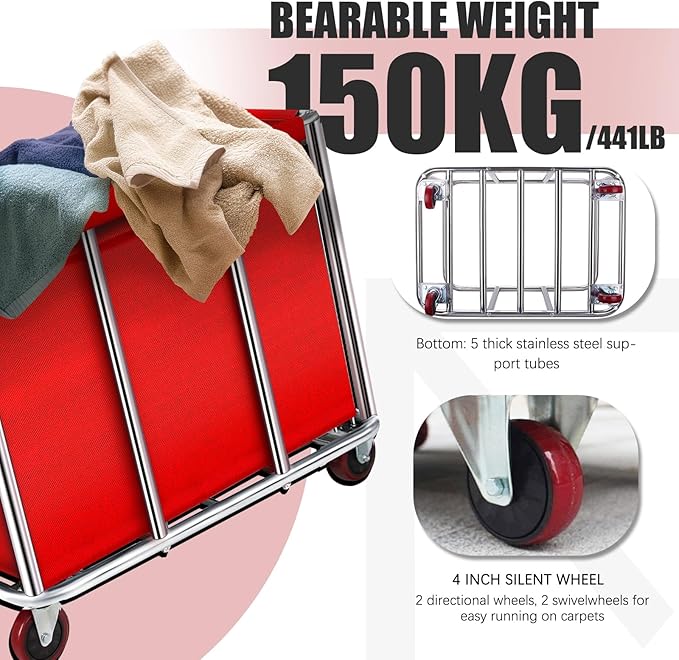 Commercial Laundry Cart with Wheels, 11.35 Bushel Large Rolling Laundry Hamper with Removable Waterproof Canvas Lining Basket, Heavy Duty Stainless Steel Rolling Hampers for Hotels & Hospital