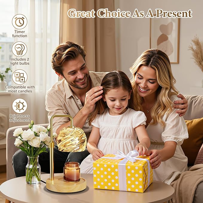 WarmEmbrace Candle Warmer Lamp with Timer for Jar Candles - Dimmable, Height and Brightness Adjustable Electric Wax Warmer Gold, 2 Bulbs Included, House Warming Gift & Vintage Home Decor