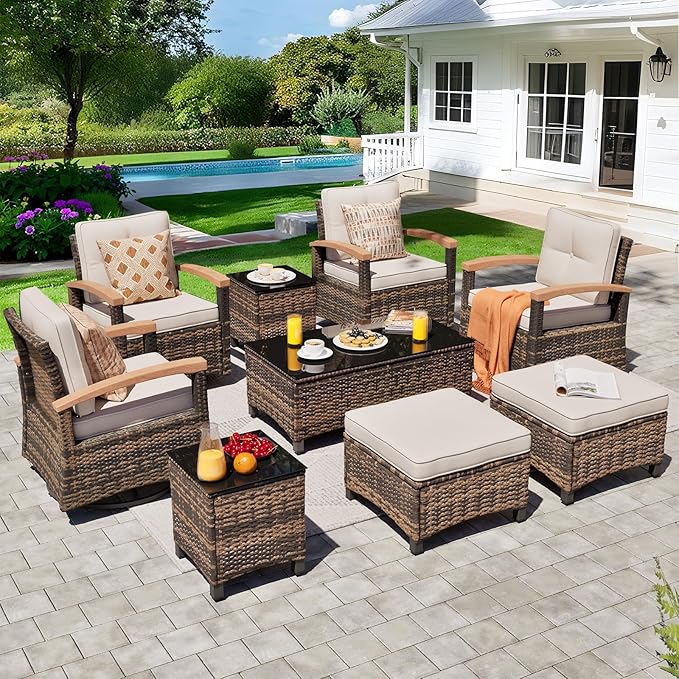 MEISSALIVVE 9 Pieces Outdoor Patio Furniture Sets,PE Wicker Patio Conversation Sets with 4 Wood Armrests Swivel Rocker Chairs，2 Ottoman and Coffee Table(Brown)