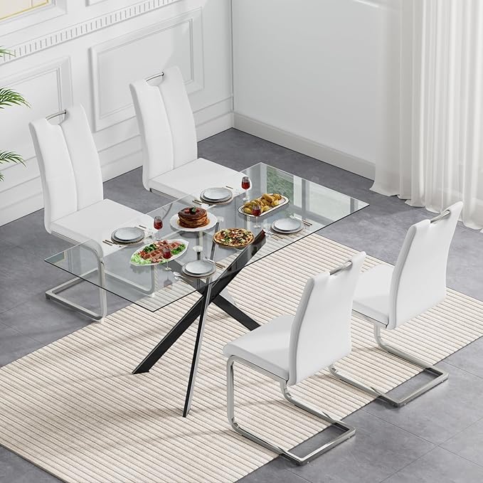 Modern Glass Dining Table Set for 4, Black Glass Kitchen Table and Chairs Set of 4, 5 Piece Dining Room Table Set with 61" Rectangular Metal Glass Dinner Table and 4 White Leather Dining Chairs