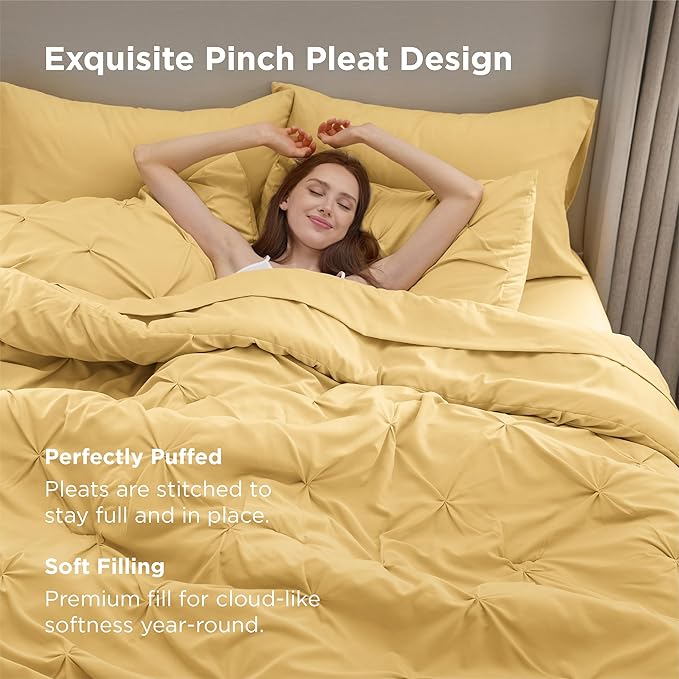 Bedsure Twin Comforter Set Yellow - Bed in a Bag Twin Size Bedding 5 Pieces, GentleSoft™ Pintuck Bed Set Gift for Family, Pinch Pleat Yellow Comforter with Sheets, Pillowcase & Sham