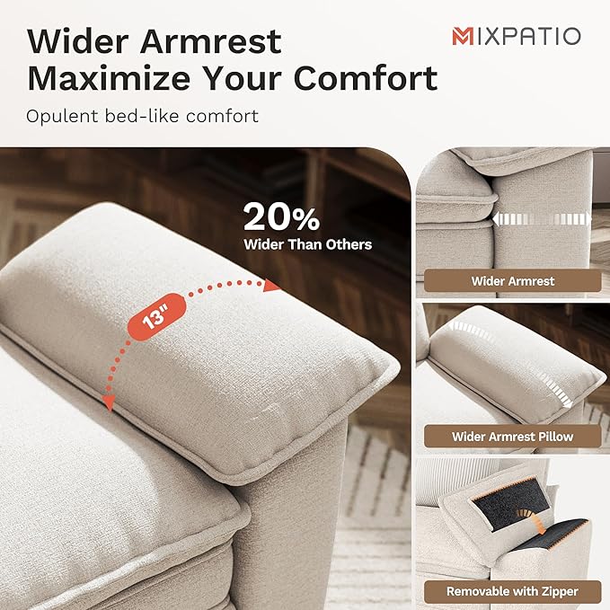 U-Shaped Cloud Modular Sofa Set, Deep Seat 3-Piece 6-Seater Sectional Couch & Removable Arms, Plush Chenille for Living Room - Beige