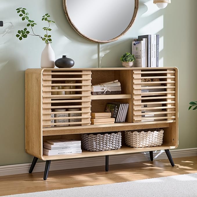 RedLemon 46" Entryway Table, Mid Century Modern Console Table with Slatted Sliding Door, Storage Shelf Wood Sofa Table Behind Couch for Hallway, Living Room, Foyer, Natural Oak