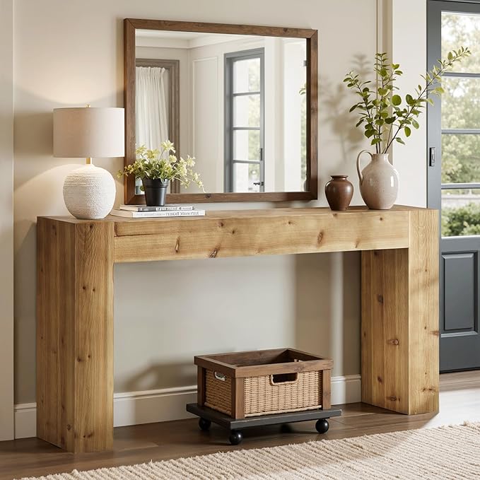 Tribesigns Title 63-Inch Solid Wood Console Sofa Table, Farmhouse Long Entryway Table Behind Couch for Living Room, Entrance, Hallway, Foyer, Easy Assembly (Light Brown)
