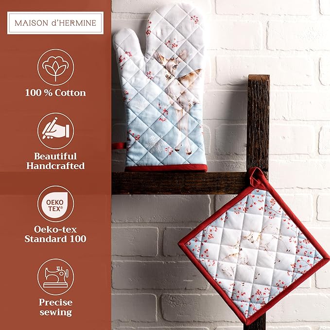 Maison d' Hermine 100% Cotton Oven Mitt & Pot Holder Set (7.5"x13" & 8"x8") Heat Resistant BBQ Cooking Gloves with Loop for Thanksgiving Christmas Decorations Handling Hot Pans (Fairy Tale Forest)