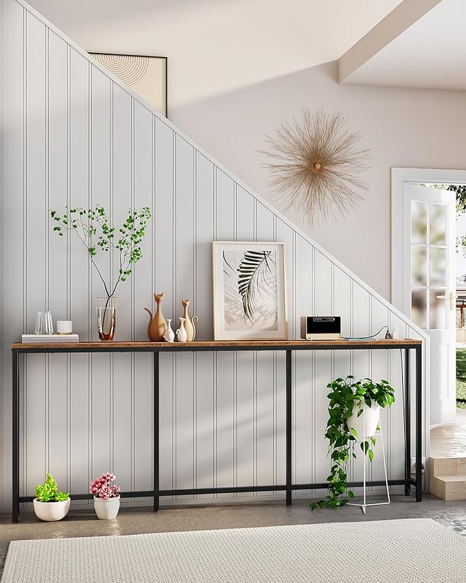 78.7" Console Table with Charging Station, Narrow Long Behind Couch Table, with 2 AC Outlets, 1 USB-A Port and 1 Type-C Port Rustic Brown and Black TXG30UBF