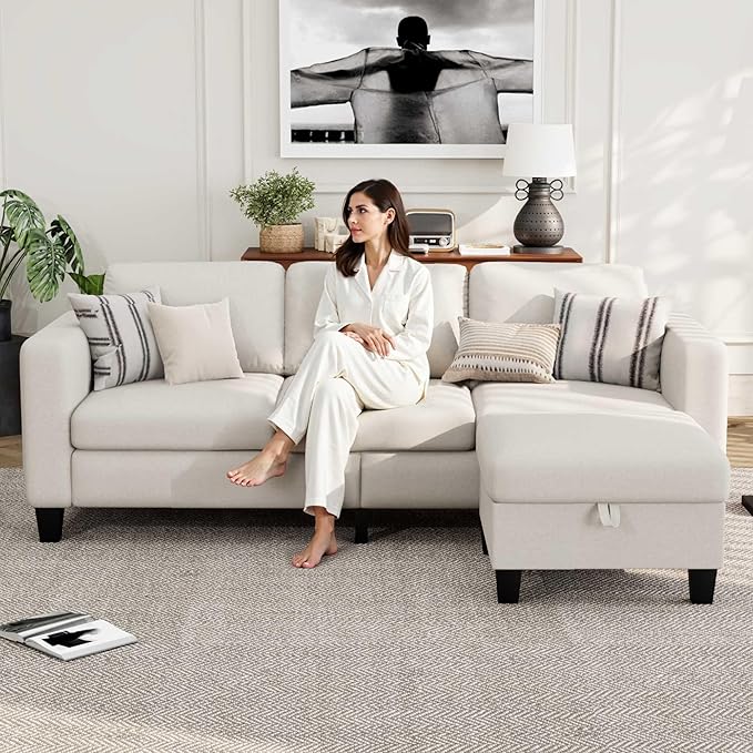 Small Sectional Couch, L Shaped Sectional White Couch in a Box, Small Couches with Ottoman, 3 Seater Sofa for Living Room, Apartment, Dorm, Office