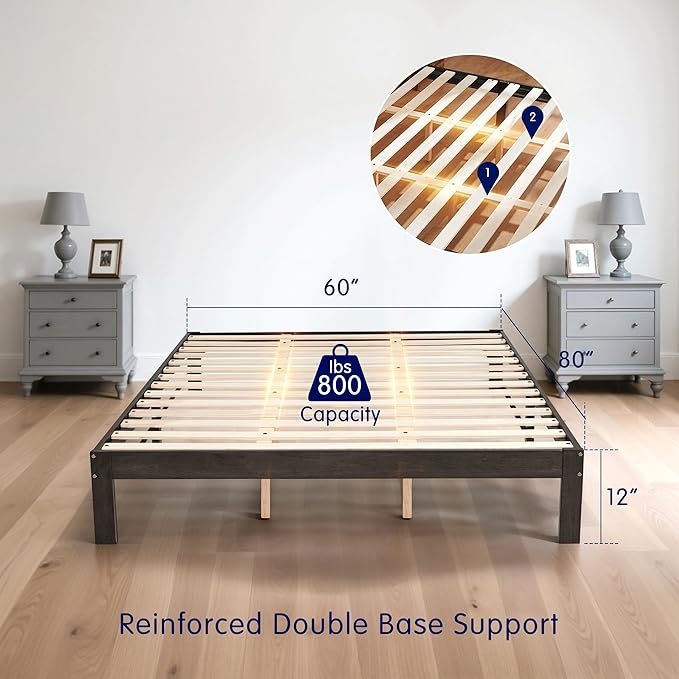 Hokway Wood Queen Bed Frame-No Wobble,Noise-Free,Easy Assembly with Precise Holes,12 in Wood Slat Support,No Box Spring Needed,Dark Gray