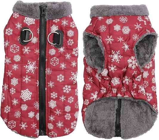 Warm Fleece Dog Coats with Durable Harness Buitl in D-Ring,Waterproof Doggie Jacket for Medium Dogs,Dog Vest for Cold Winter,Red,Snow Pattern L