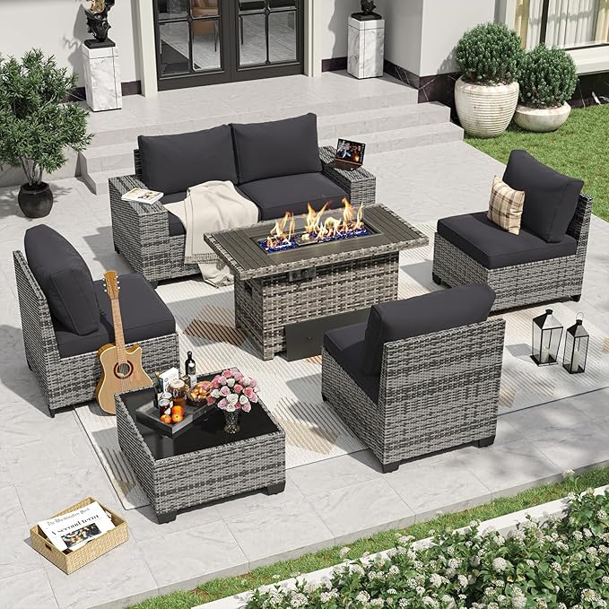 Aoxun 7 Pieces Patio Furniture Set with 40” Fire Pit Table Wicker Rattan Outdoor Sectional Conversation Set with Coffee Table and 4” Thickened Cushions, Blue(Waterproof Cover Included)