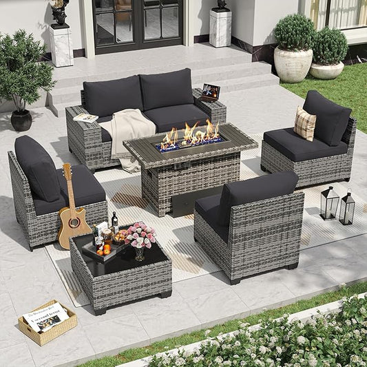 Aoxun 7 Pieces Patio Furniture Set with 40” Fire Pit Table Wicker Rattan Outdoor Sectional Conversation Set with Coffee Table and 4” Thickened Cushions, Blue(Waterproof Cover Included)