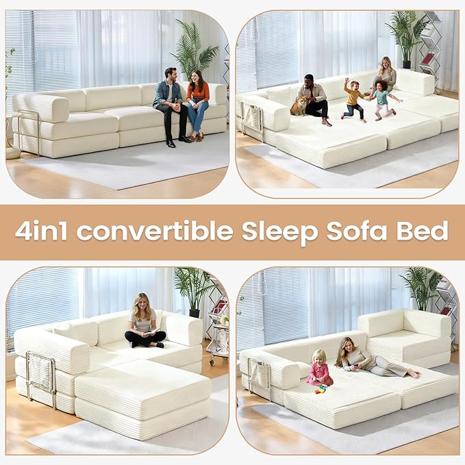 Folding Sofa Bed Convertable Corduroy Couch King Size Floor Sleeper 4-in-1 DIY Combination Modular Sofa Fold Out Futon Lounge Comfy Foldable Lazy cama for Living Room (Off-White)