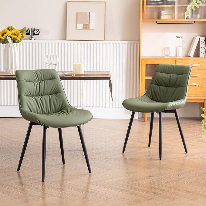 Kidol & Shellder Dining Chairs Set of 2, Modern Upholstered Faux Leather Kitchen Side Chairs with Comfortable Back - Mid-Century Armless Chair for Dining Living Room Bedrooms, with Metal Legs (Green)