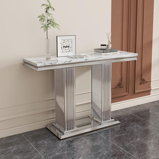 47" Marble Console Table, Modern Entryway Table with Pillar Stainless Steel Base, Rectangle Faux Marble Sofa Table for Living Room, Hallway, Foyer, White Silver